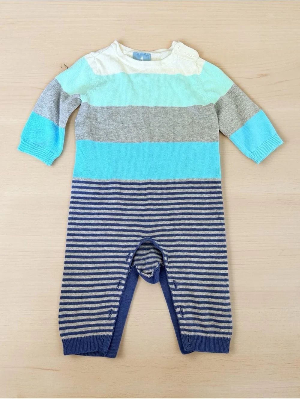 GAP Striped Knit Footie in Aqua, Teal, Gray and Navy 3-6 month sweater onesie